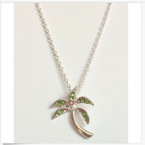 Vintage Silver Coconut Palm Tree Necklace 18" Crystal Island Plated Pendant - Picture 5 of 9